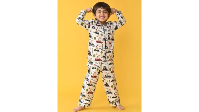 Jam & Sugar Printed Pure Cotton Lapel Collar Night Suits