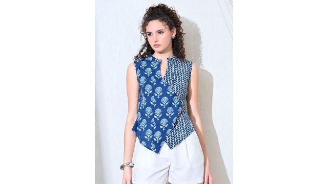 KALAMIR Neelam Floral Printed Mandarin Collar Cotton Vest Top