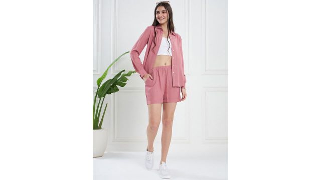 KASSUALLY Pink Shirt Collar Shirt With Shorts