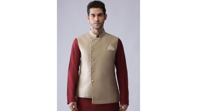 KISAH Men Beige Woven Design Nehru Jacket