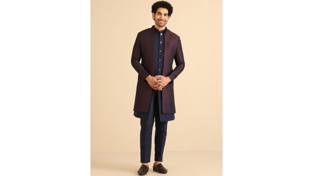 KISAH Men Mandarin Collar Silk Indowestern Sherwani with Trouser Set