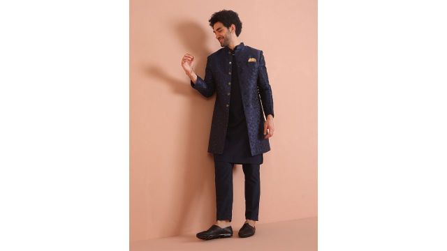 KISAH Men Self-Design Khari Print Kurta With Indowestern Sherwani & Trouser