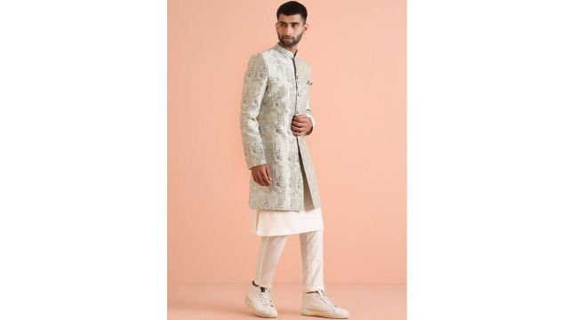 KISAH Men Woven Design Kurta Indowestern Sherwani Trouser Set