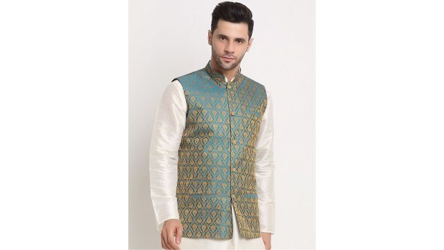 KRAFT INDIA Men Blue Jacquard Woven Design Jacket