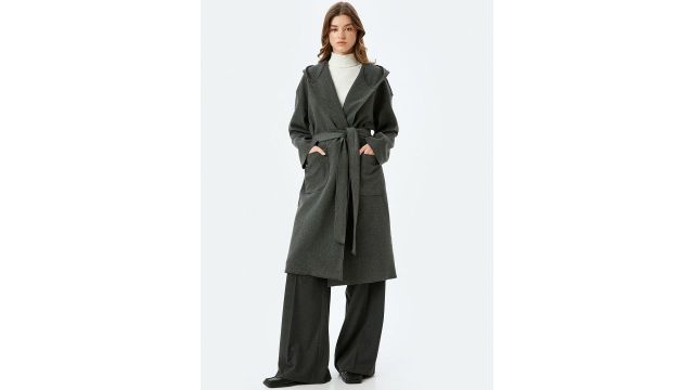 Koton Women Wide Tie Belt & Hooded Overcoat