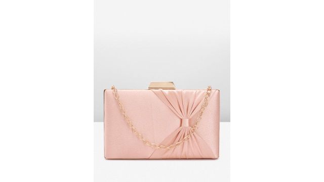 Lavie Solid Shiny Bow Detail Box Clutch (Metallic Pink)