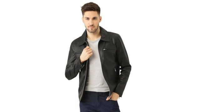 Leather Retail Men's Black Solid Jacket