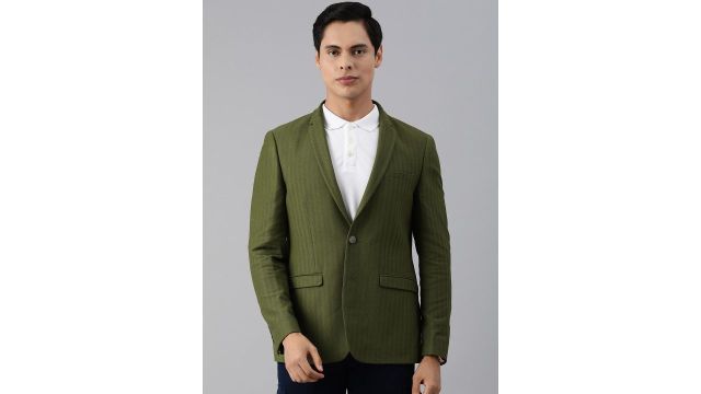 Louis Philippe Sport Men Olive Green Self Design Single-Breasted Super Slim-Fit Blazer