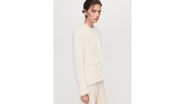 MANGO Frayed Detail Round Neck Tailored Jacket