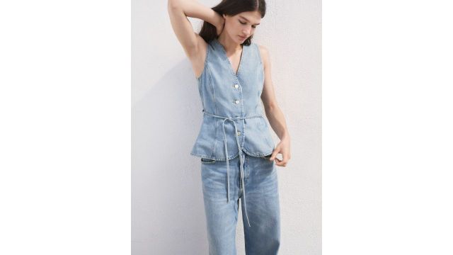 MANGO Pure Cotton Buttoned Faded Denim Gilet Waistcoat With Fabric Tie-up