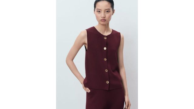 MANGO Round Neck Textured Waistcoat