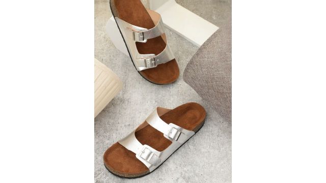 MOZAFIA Two Strap Open Toe Flats With Buckle Detail