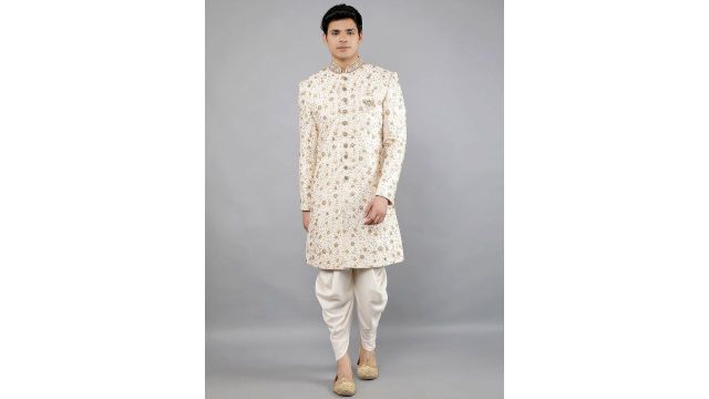Manish Creations Embroidered Sherwani Set (Cream)