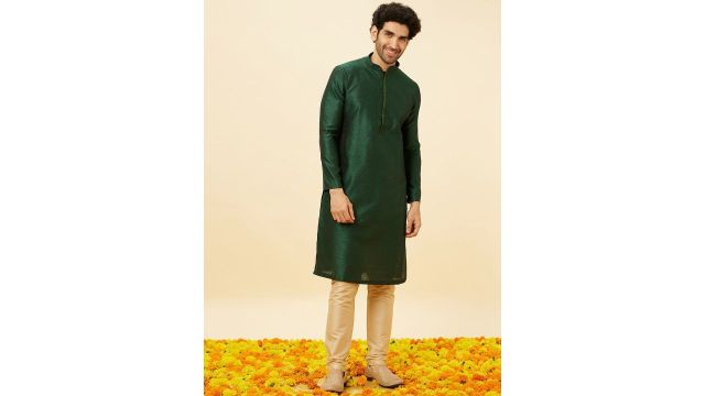 Manyavar Geometric Self Design Mandarin Collar Straight Kurta with Pyjamas