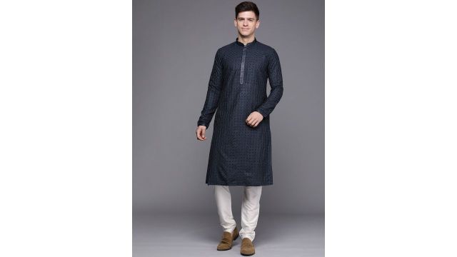 Manyavar Men Blue Embroidered Kurta with Pyjamas