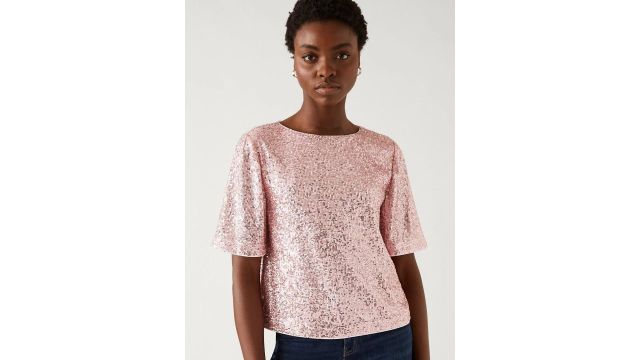 Marks & Spencer Sequined Self Design Round Neck Top