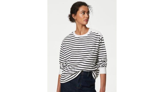 Marks & Spencer Women Cotton Striped Printed Sweatshirt