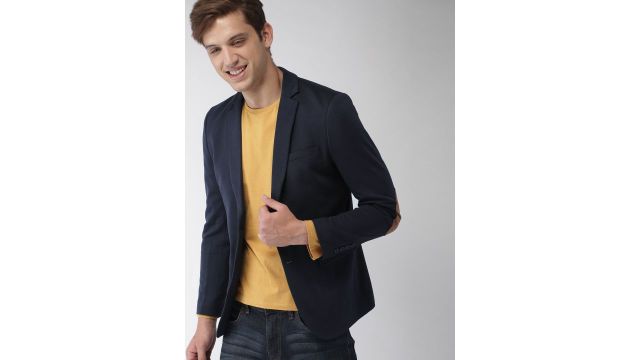 Mast & Harbour Navy Blue Regular Fit Single-Breasted Knitted Blazer