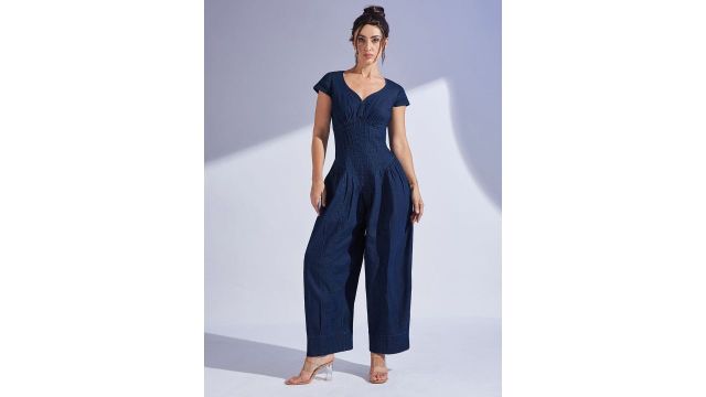 Miss Chase Sweetheart Neck Dhoti Style Denim Jumpsuit