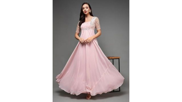 Miss Chase Women's Square Neck Half Sleeve Solid Embellished Maxi Dress