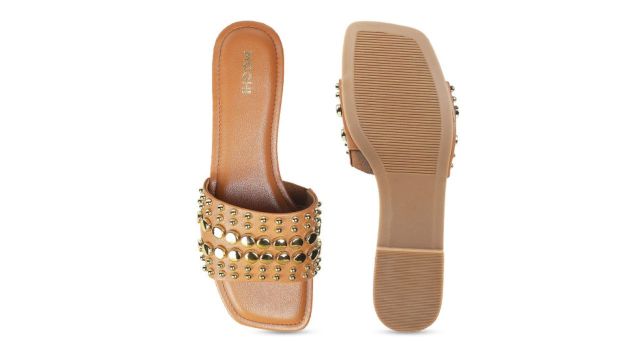 Mochi Women Embellished Open Toe Flats (Tan)