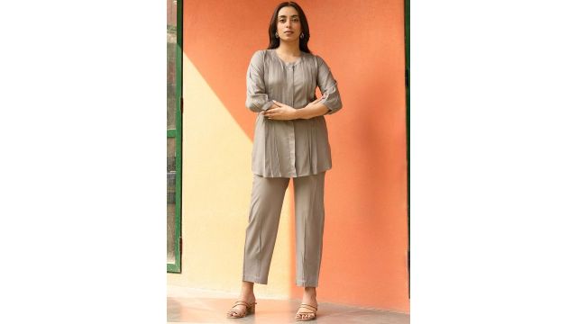 Moda Rapido Brown Mandarin Collar Tunic Set