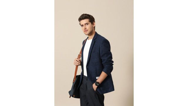 Mr Bowerbird Men Navy Blue Solid Single Breasted Casual Tweed Blazer