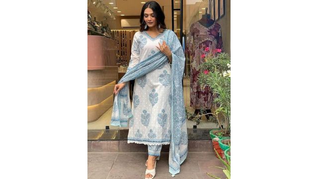 Nermosa Women Cotton Block Printed Kurta Pant With Dupatta