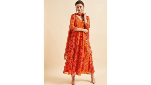 PANIT Bandhani Printed V-Neck Anarkali Ethnic Maxi Dress With Dupatta