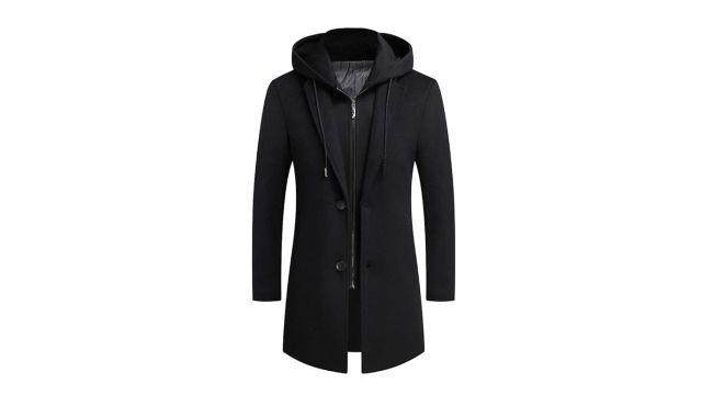 PRIJOUHE Men's Wool Coat Hoodie Long Trench Coat