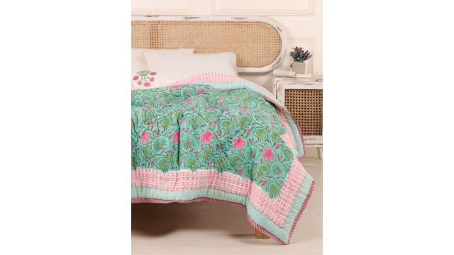 Peepul Tree Turquoise Blue & Green Floral Reversible AC Room 300 GSM Single Bed Quilt