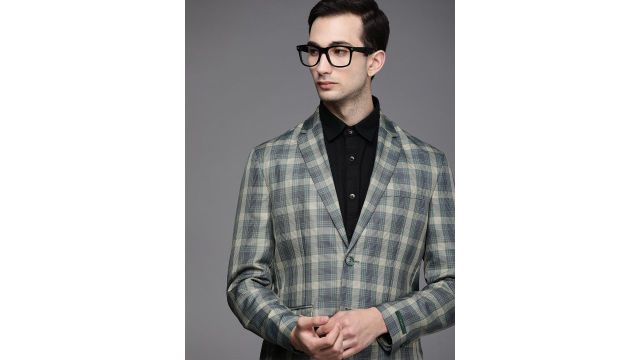 Peter England Elite Men Blue & Beige Slim Fit Checked Single-Breasted Formal Blazer