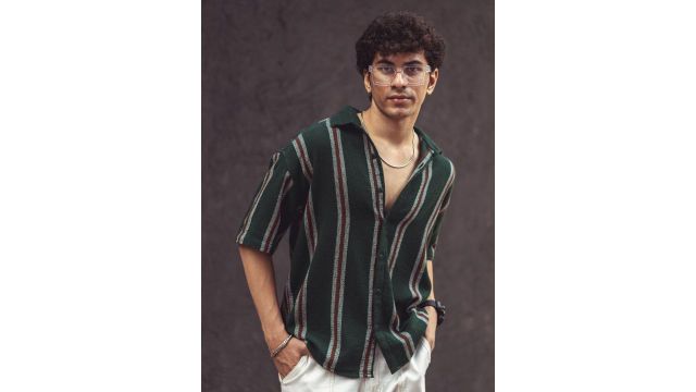 Powerlook India Slim Olive Multi‑Stripe Oversized Shirt