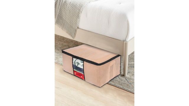 Prettykrafts Set Of 4 Beige Solid Underbed Large Storage Bags With Transparent Window