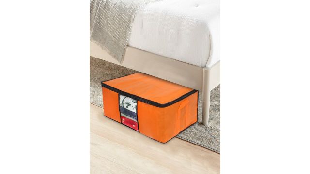Prettykrafts Set Of 4 Orange Solid Underbed Large Storage Bags With Transparent Window