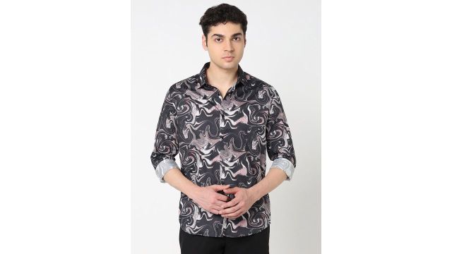 R&B Men Abstract Printed Spread Collar Satin Casual Shirt