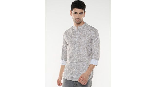 R&B Men Band Collar Floral Printed Cotton Casual Shirt