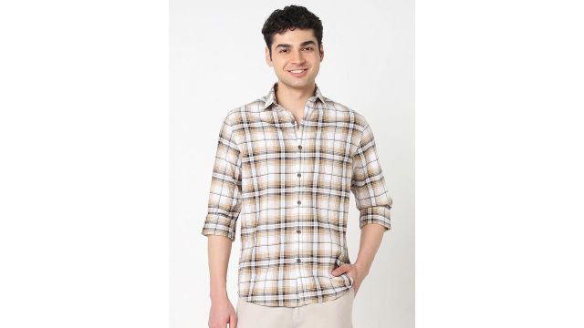 R&B Men Tartan Checked Spread Collar Cotton Casual Shirt