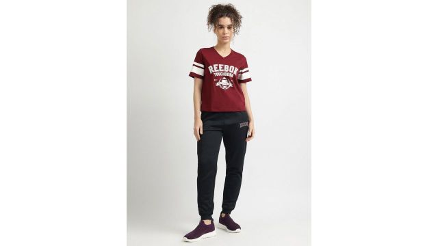 Reebok Women Typography Printed V-Neck Cotton T-shirt
