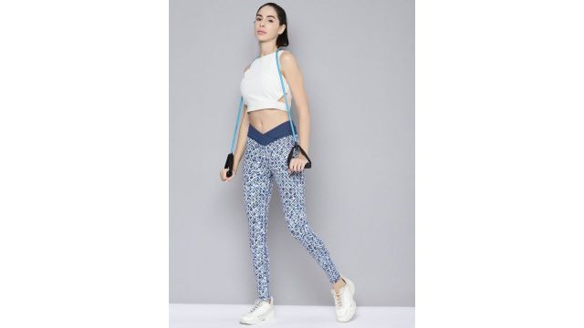 Reebok Women White & Blue MYT Cotton Printed Training Tights