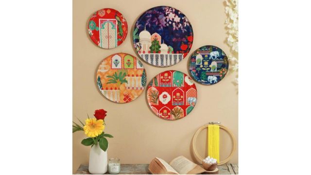 Ritualistic Vintage India Metal Floral Glossy Hanging Hall 5Pcs Wall Plates-12In