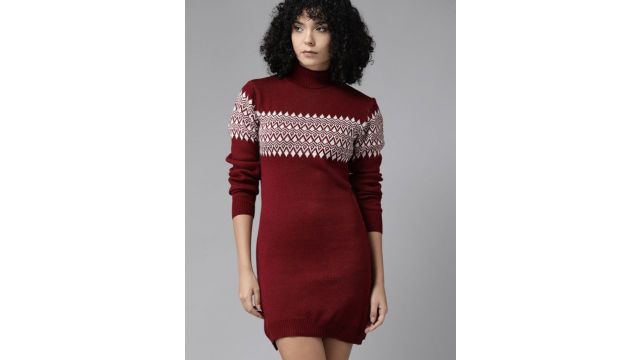 Roadster Geometric Print High Neck Acrylic Mini Jumper Dress