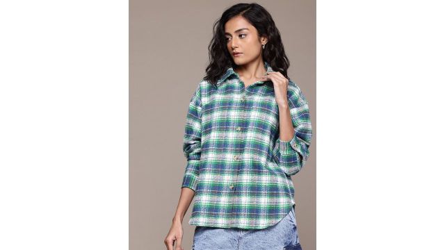 Roadster The Lifestyle Co. Pure Cotton Checked Flannel High-Low Oversized Shirt