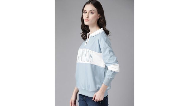 Roadster The Lifestyle Co. Women Blue Striped Polo Sweatshirt