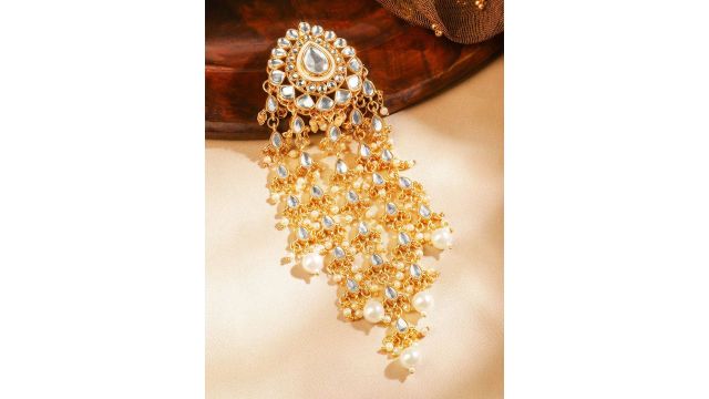 Rubans 18K Gold-Plated Kundan & Pearl Beads Studded Teardrop Multilayer Hair Accessory