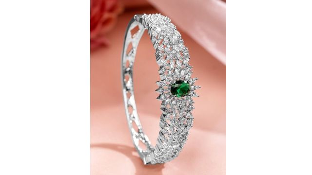 Rubans Rhodium-Plated Emerald Green & White Cubic Zirconia Studded Openable Bracelet