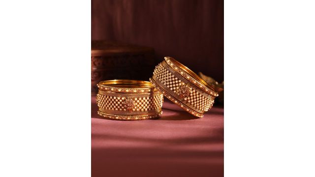 Rubans Set of 6 Gold Plated Pearl & Stone Studded Traditional Handcrafted Bangles
