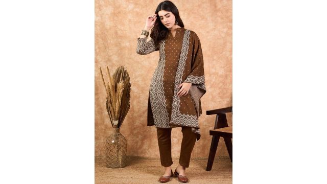 SAHASIKA Ethnic Motifs Woven Design Mandarin Collar Straight Kurta With Trouser & Dupatta
