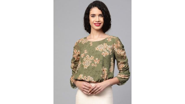 SASSAFRAS Olive Green & Beige Floral Georgette Blouson Top