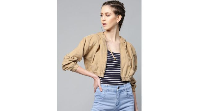SASSAFRAS Women Beige Corduroy Cropped Bomber Jacket